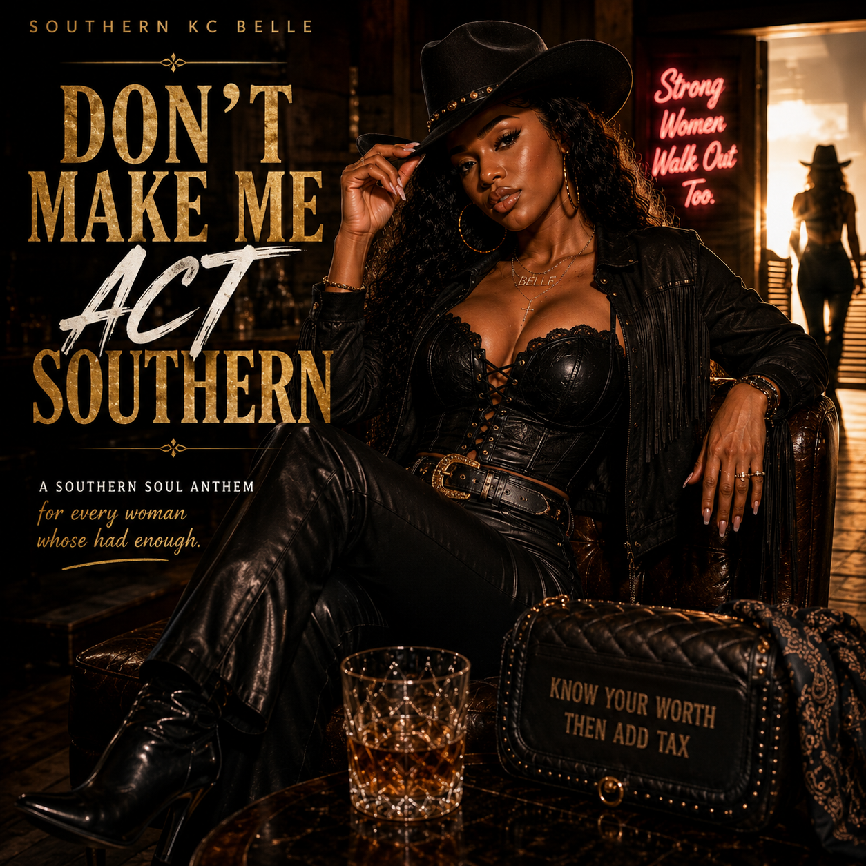 Don't Make Me Act Southern album cover by Southern KC Belle on Commission Records, showing a woman in a black cowboy hat, leather corset, jacket, and pants seated in a leather chair in a dim saloon-style room with a whiskey glass and a Know Your Worth Then Add Tax handbag beside her, a pink Strong Women Walk Out Too neon sign, and gold-and-white distressed title lettering