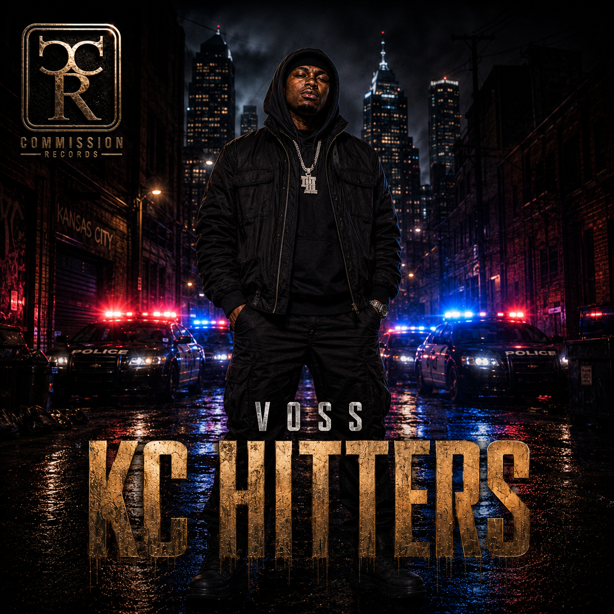 KC Hitters EP cover by Voss on Commission Records, showing Voss in a black hooded bomber jacket standing in a rain-soaked Kansas City alley at night between police cruisers with red and blue lights beneath cracked-gold KC HITTERS lettering