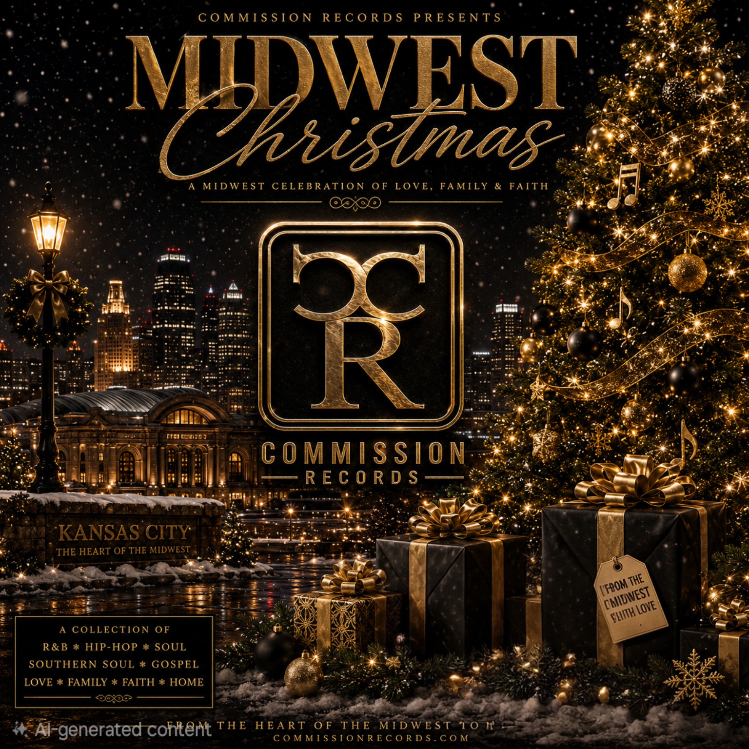 Midwest Christmas holiday album cover from Commission Records, a festive black-and-gold scene with a snowy nighttime Kansas City skyline, a glowing gold Christmas tree with ornaments and musical notes, wrapped gifts with gold bows, a decorated lamppost, and a Kansas City The Heart of the Midwest sign beneath gold Midwest Christmas lettering