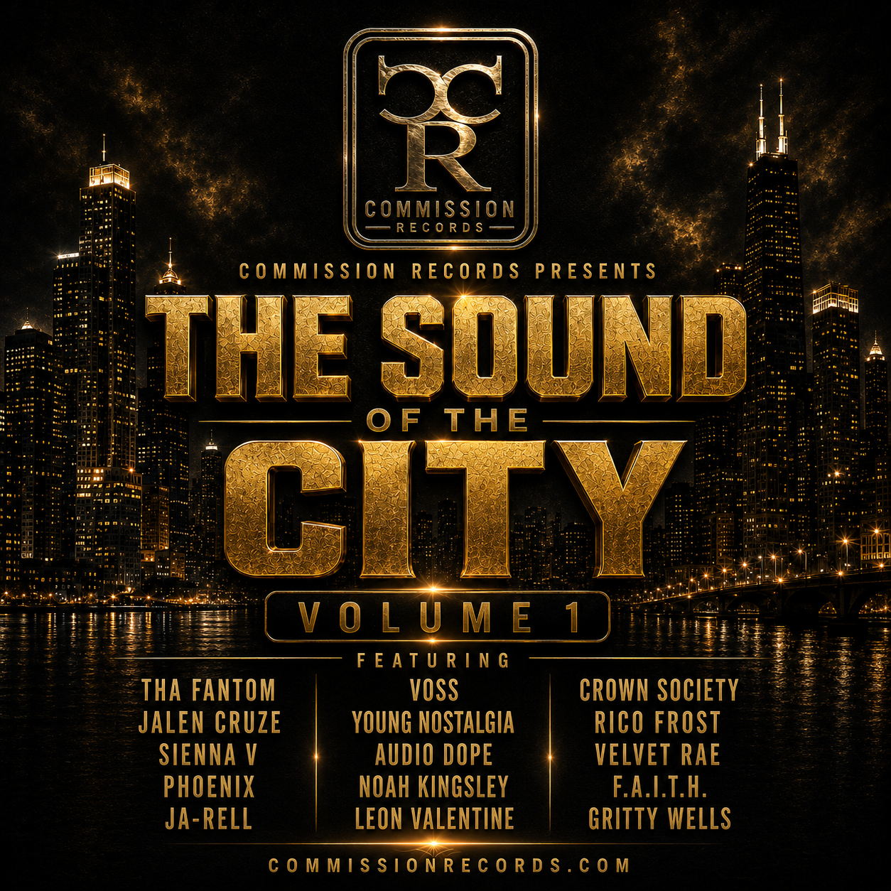 The Sound of the City Volume 1 compilation album cover from Commission Records with cracked-gold 3D lettering over a golden nighttime city skyline reflected on water, featuring Tha Fantom, Jalen Cruze, Sienna V, Phoenix, Ja-Rell, Voss, Young Nostalgia, Audio Dope, Noah Kingsley, Leon Valentine, Crown Society, Rico Frost, Velvet Rae, F.A.I.T.H., and Gritty Wells