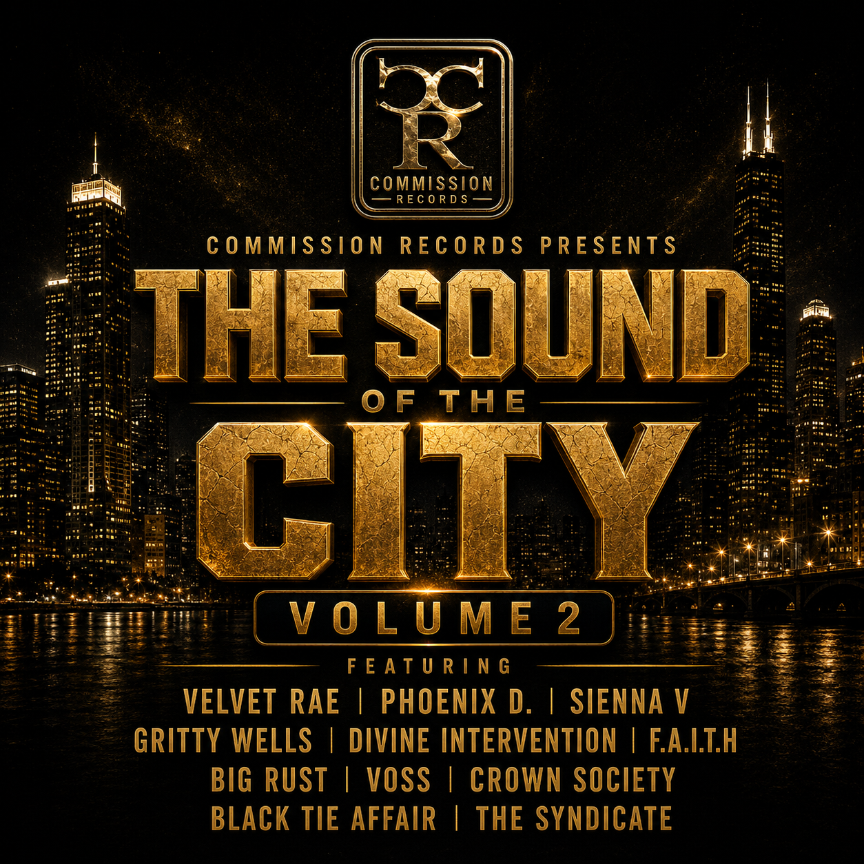 Commission Records Artist compilation cover — The Sound of the City Volume 2 with cracked gold lettering over a night city skyline