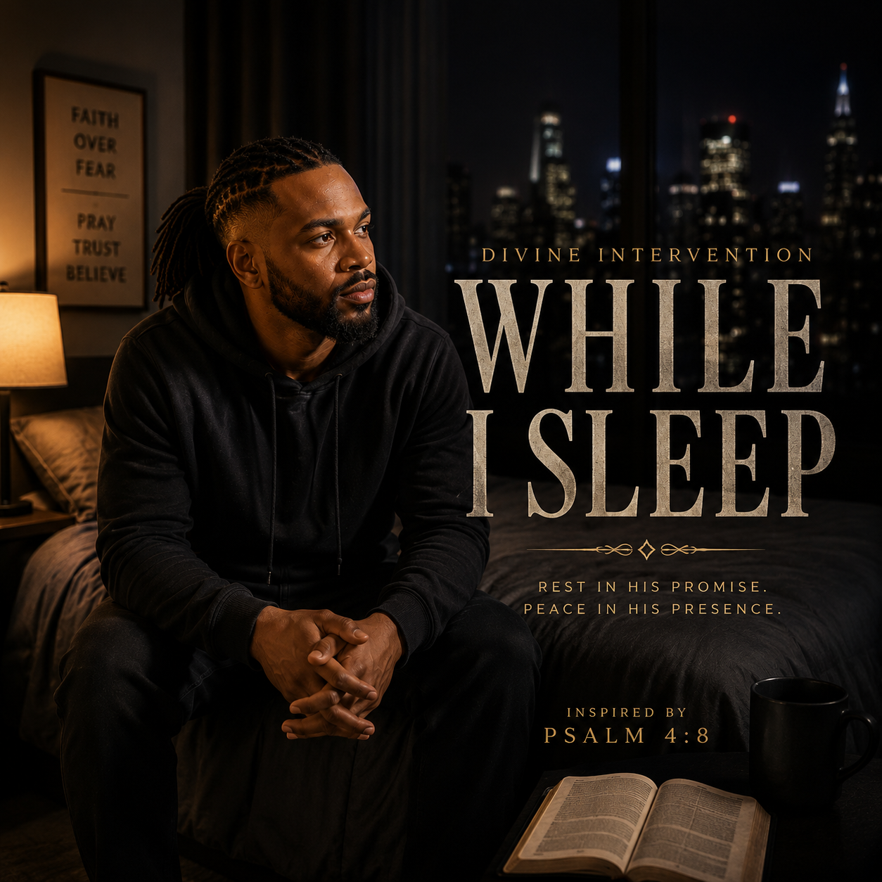 While I Sleep single cover by Divine Intervention on Commission Records, showing a man in a black hoodie seated on a bed with hands clasped gazing toward a nighttime city skyline, with a Faith Over Fear Pray Trust Believe poster, a warm lamp, an open Bible and mug, and the words Rest in His Promise Peace in His Presence inspired by Psalm 4:8
